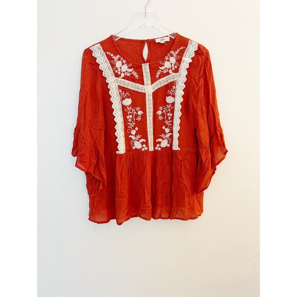 Entro Red-Orange Floral Lace Bib Boho Blouse Size Small - Picture 1 of 6